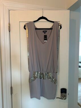 bebe Light Gray Sleeveless V-Neck Dress with Silver Sequin Trim NWT